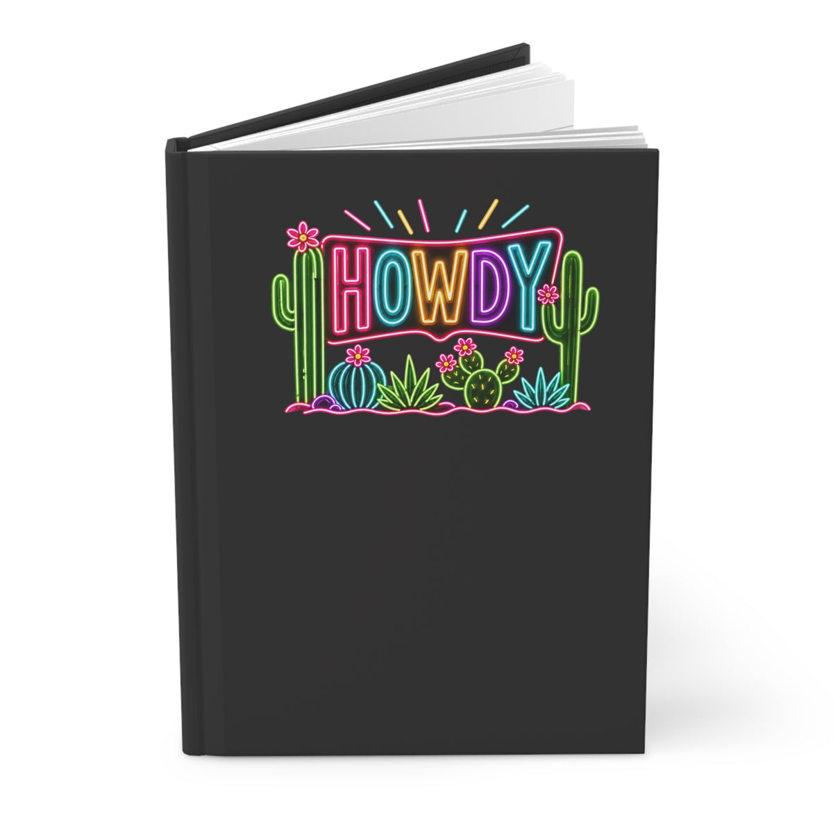 Howdy Neon Cactus Hardcover Journal — Matte Black Ruled Notebook