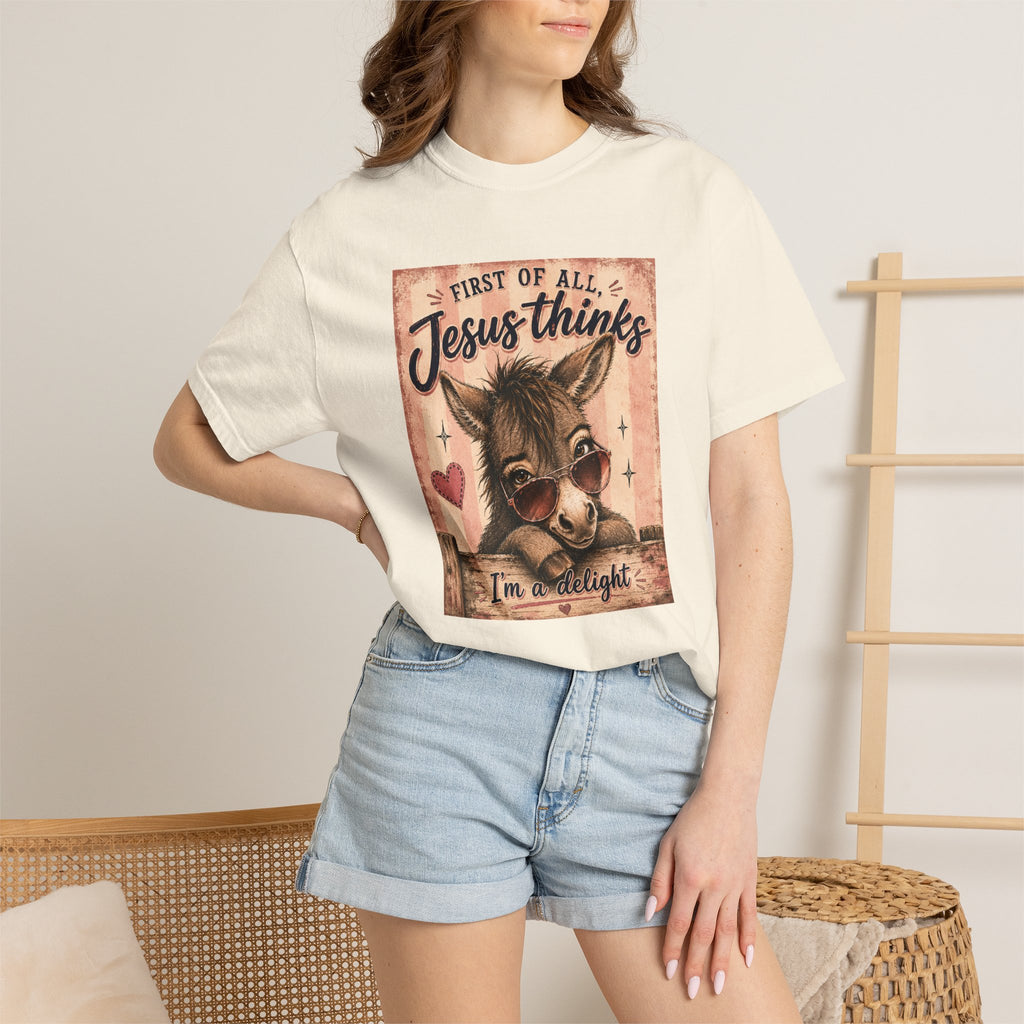 Christian Donkey T-Shirt — “First of All Jesus Thinks I’m Delight” Vintage Faith Tee