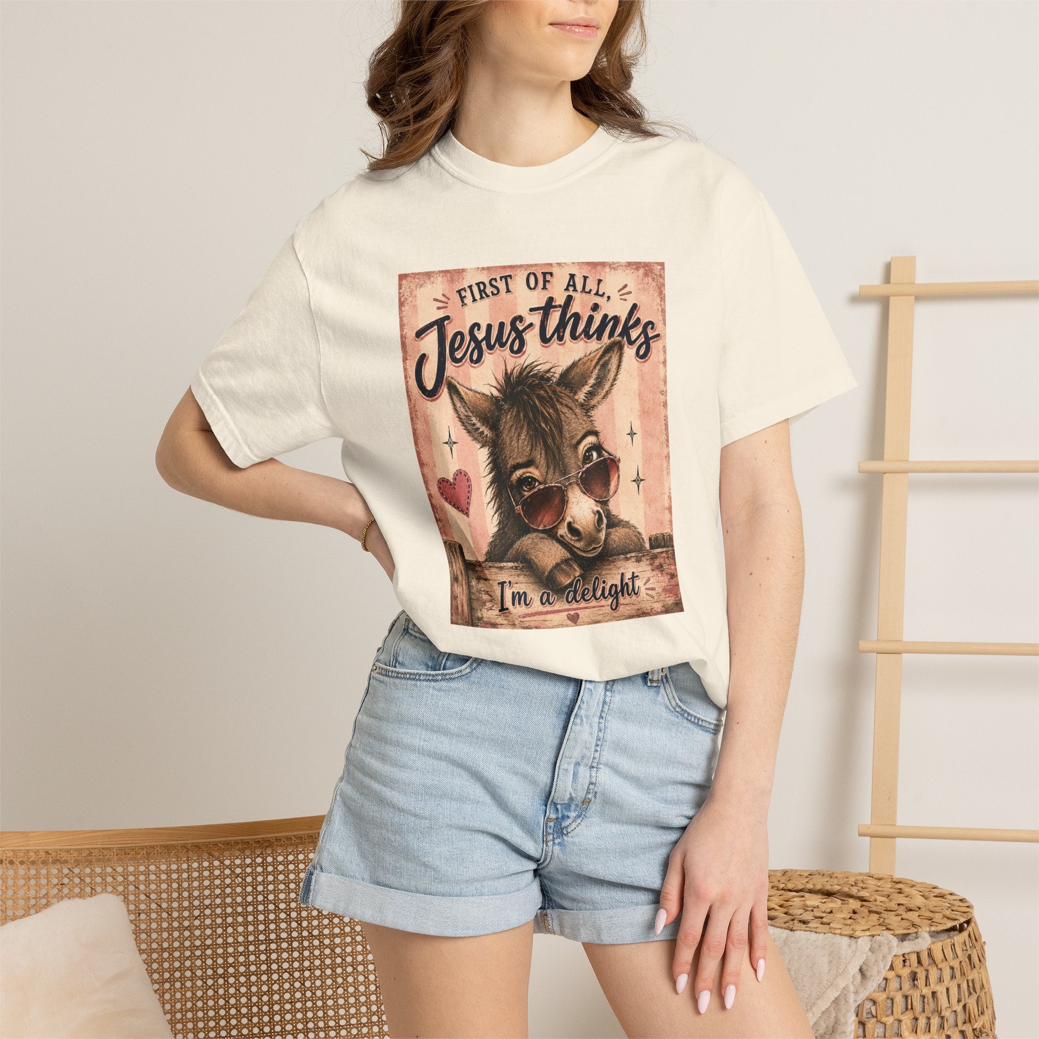 Christian Donkey T-Shirt — “First of All Jesus Thinks I’m Delight” Vintage Faith Tee