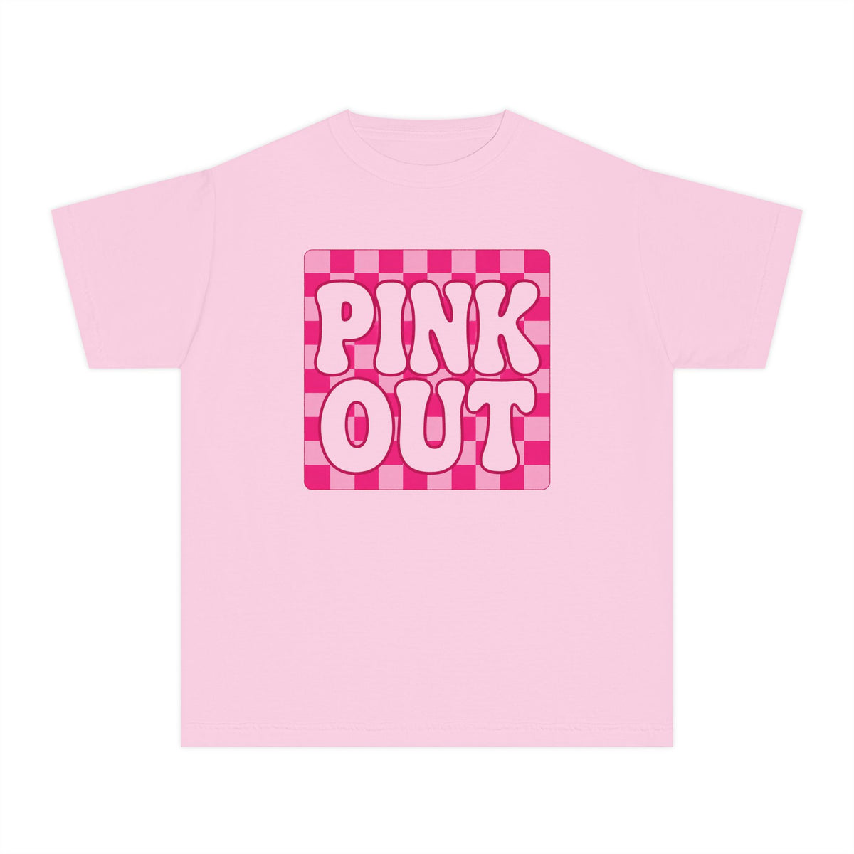 Youth Tee — "PINK OUT" Pink Check Graphic Tee for Kids (Breast Cancer Awareness, Pink Out Events)