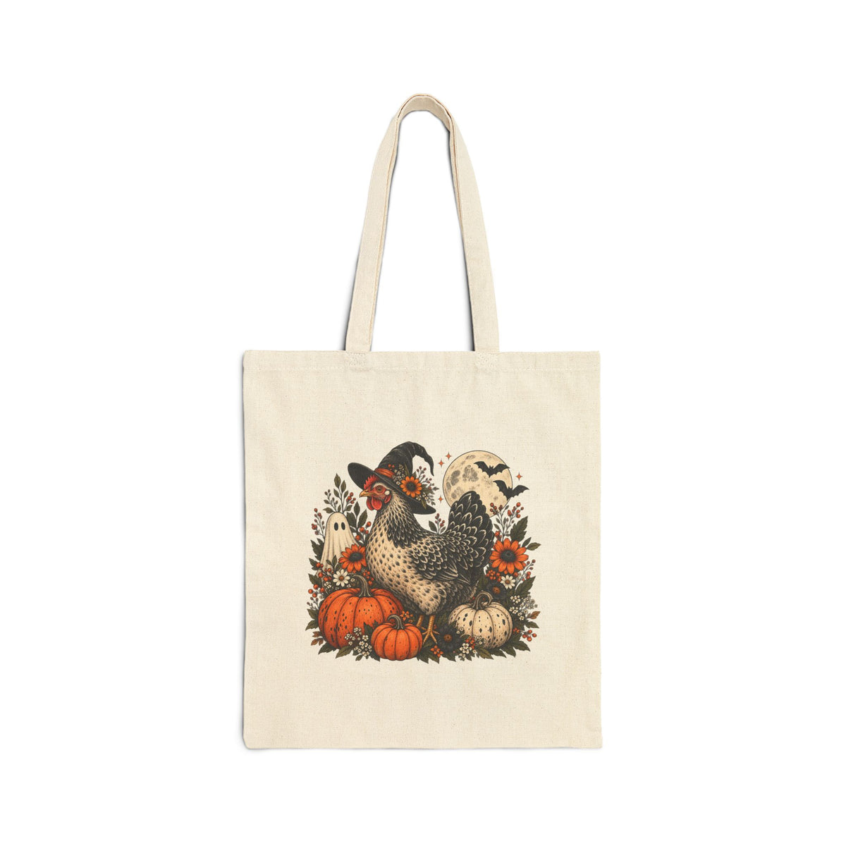 Autumn Witchy Chicken Cotton Canvas Tote — Pumpkin, Moon & Chicken Halloween Market Bag