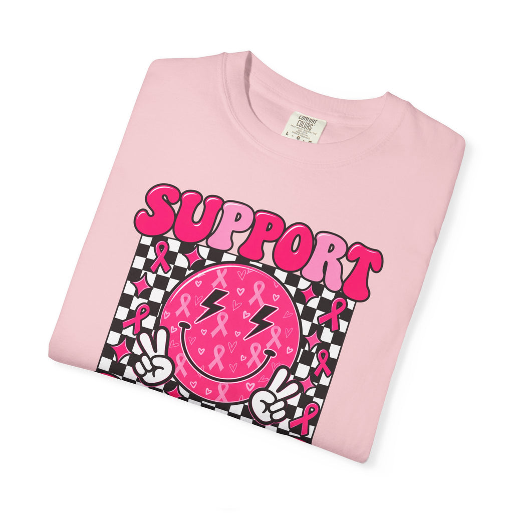 Support Squad T-Shirt — Pink Smiley Checkerboard Graphic Tee