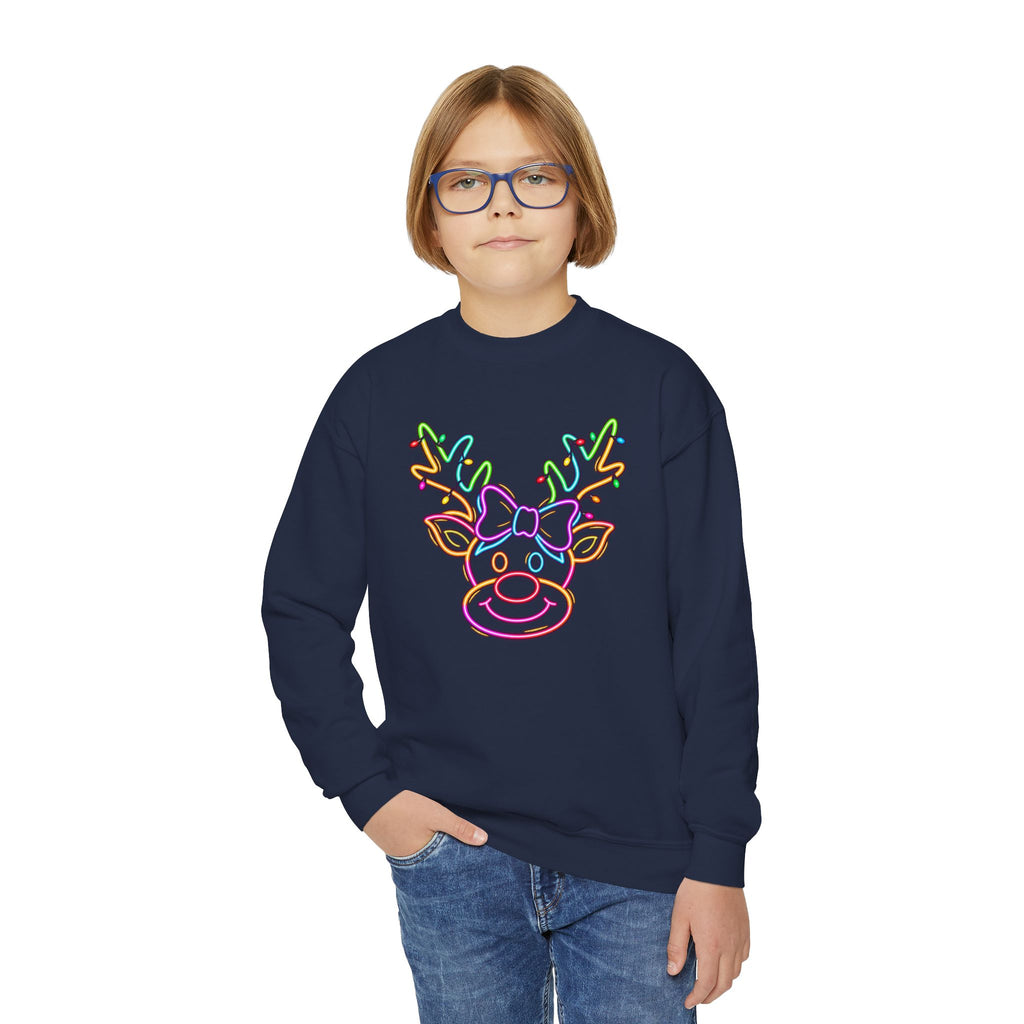 Youth Crewneck Sweatshirt with Neon Reindeer Christmas Design