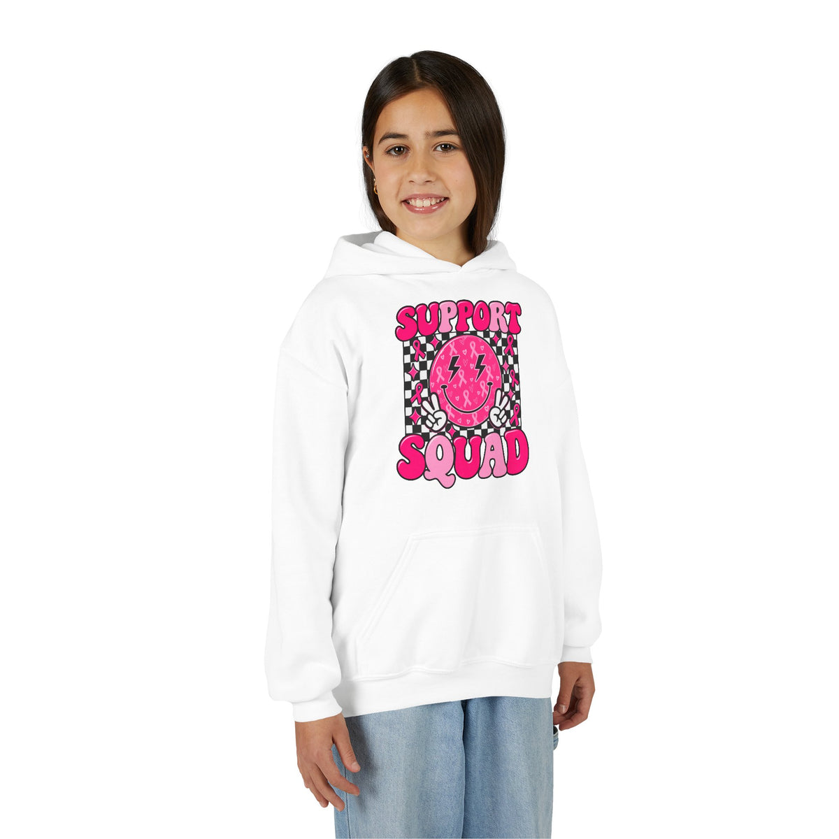 Support Squad Youth Hoodie — Pink Smiley Checkerboard Graphic