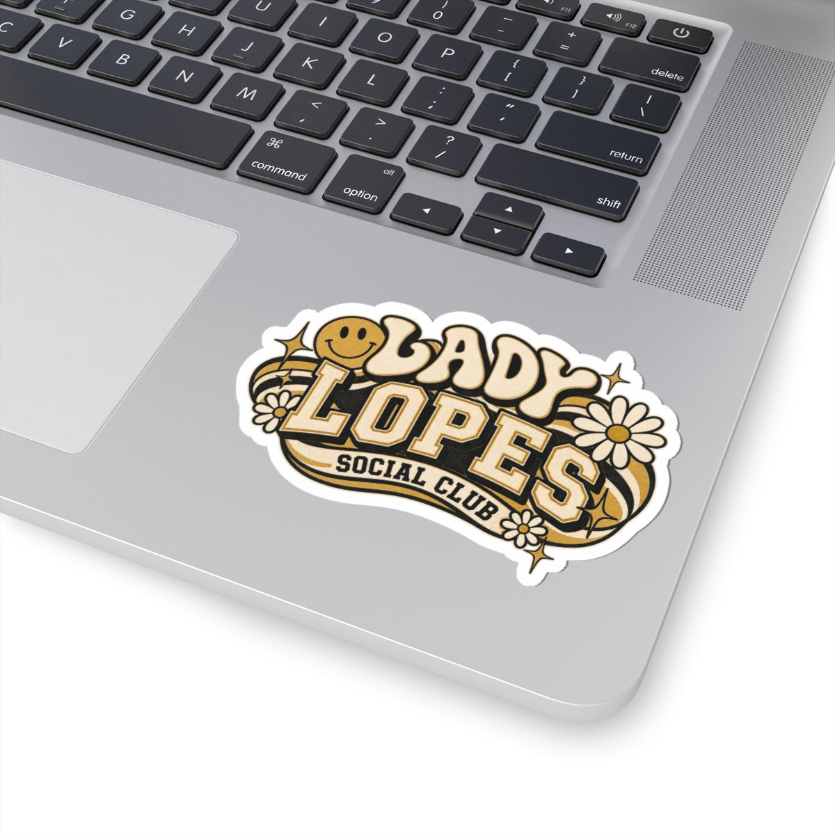 Lady Lopes Social Club Kiss-Cut Sticker — Retro Daisy Smile Laptop Decal
