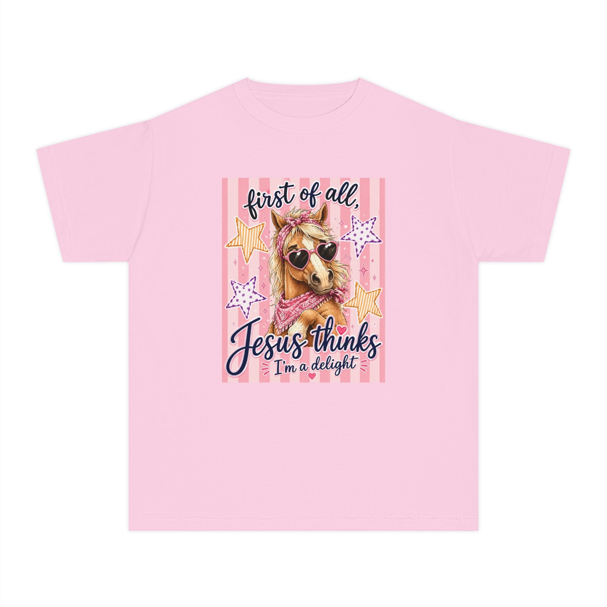 Youth Tee - "First of All, Jesus Thinks I’m a Delight" Pink Horse Graphic