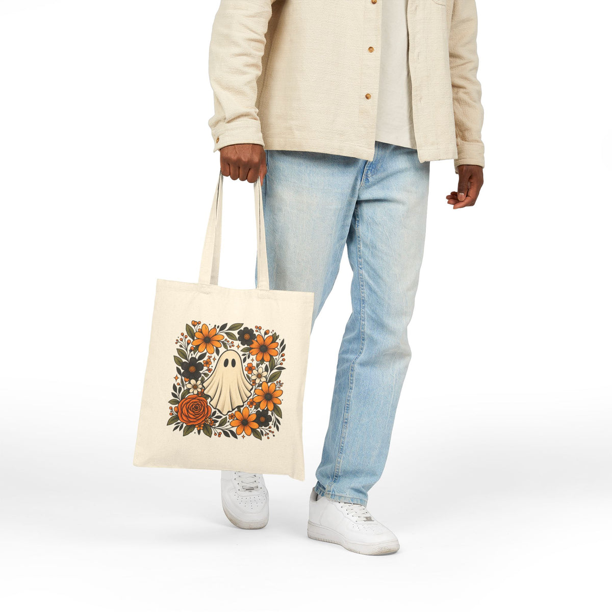 Halloween Ghost Floral Tote Bag — Cute Retro Ghost with Orange Flowers Cotton Canvas Tote