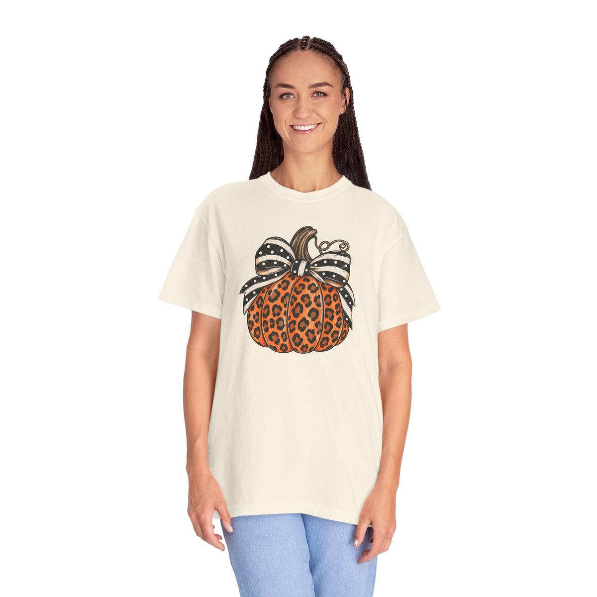 Leopard Pumpkin T-Shirt — Autumn Pumpkin Graphic Tee with Polka Dot Bow