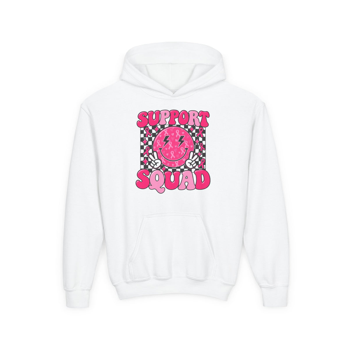 Support Squad Youth Hoodie — Pink Smiley Checkerboard Graphic