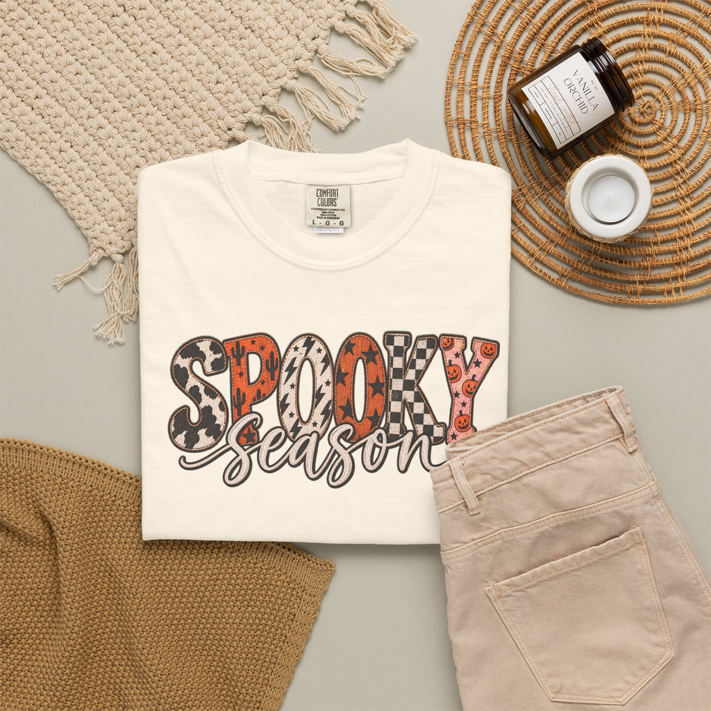 Spooky Season T-Shirt — Halloween Graphic Tee with Leopard & Pumpkin Print