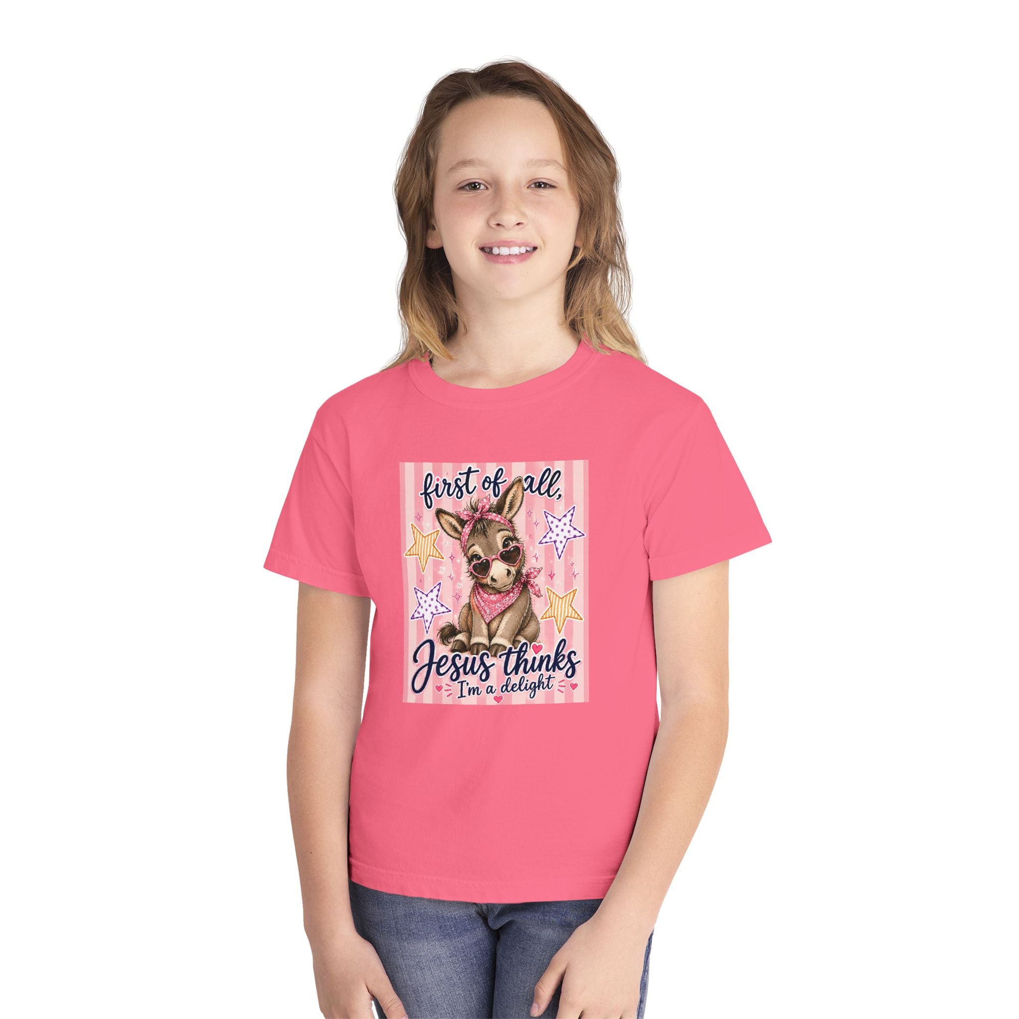 Youth Tee — "First of All, Jesus Thinks I’m a Delight" Cute Donkey Christian Shirt