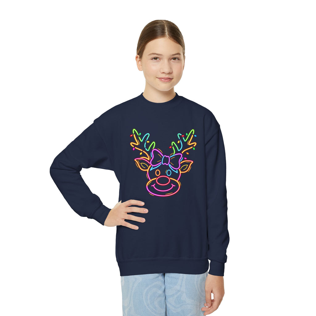 Youth Crewneck Sweatshirt with Neon Reindeer Christmas Design