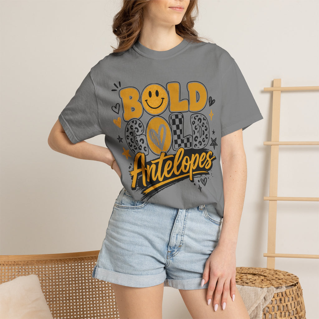 Bold Gold Antelopes Graphic T-Shirt — Cheerful Retro Smile Design