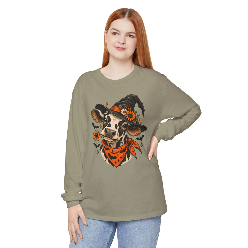 Halloween Witch Cow Long Sleeve Tee — Witchy Cow with Bats & Autumn Florals