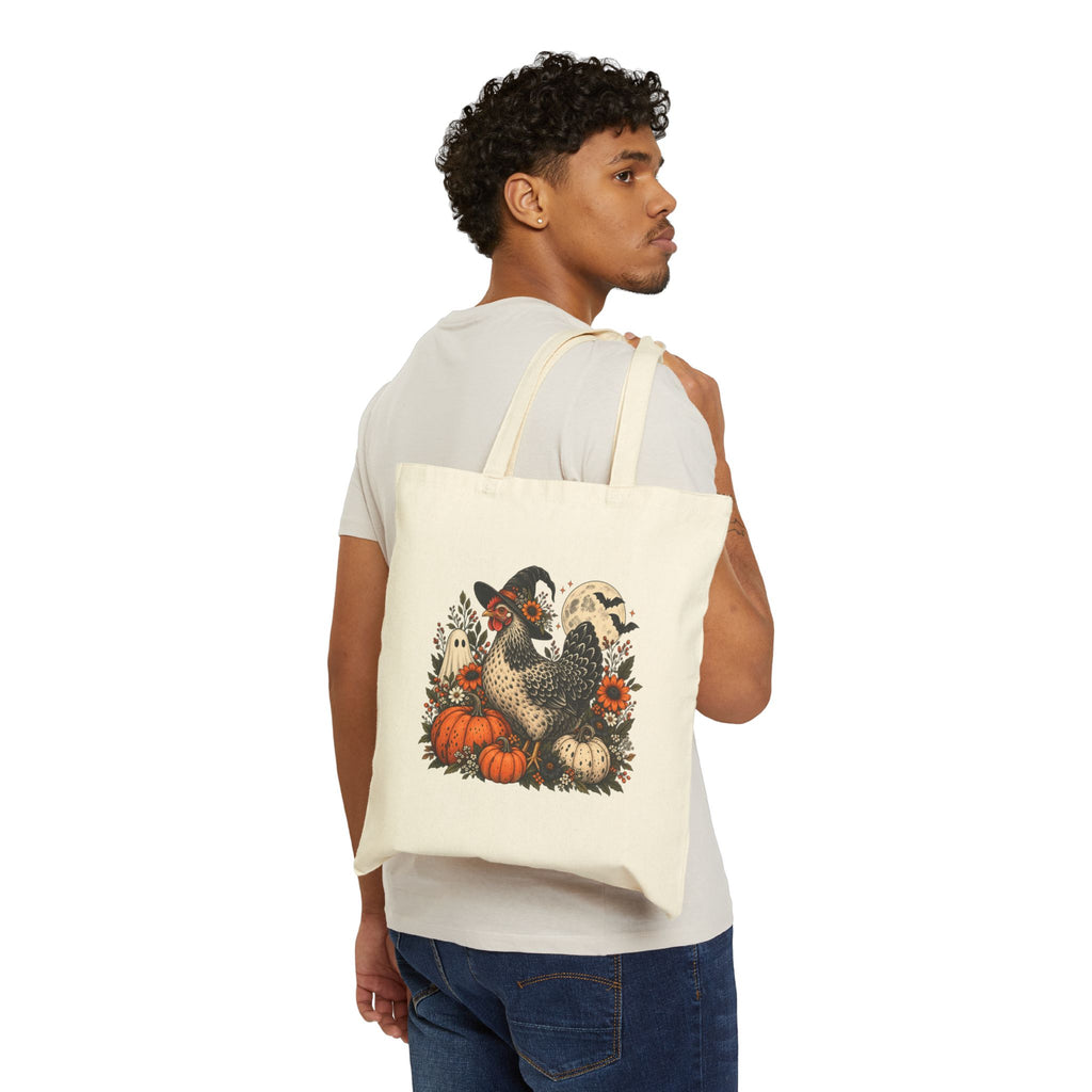 Autumn Witchy Chicken Cotton Canvas Tote — Pumpkin, Moon & Chicken Halloween Market Bag