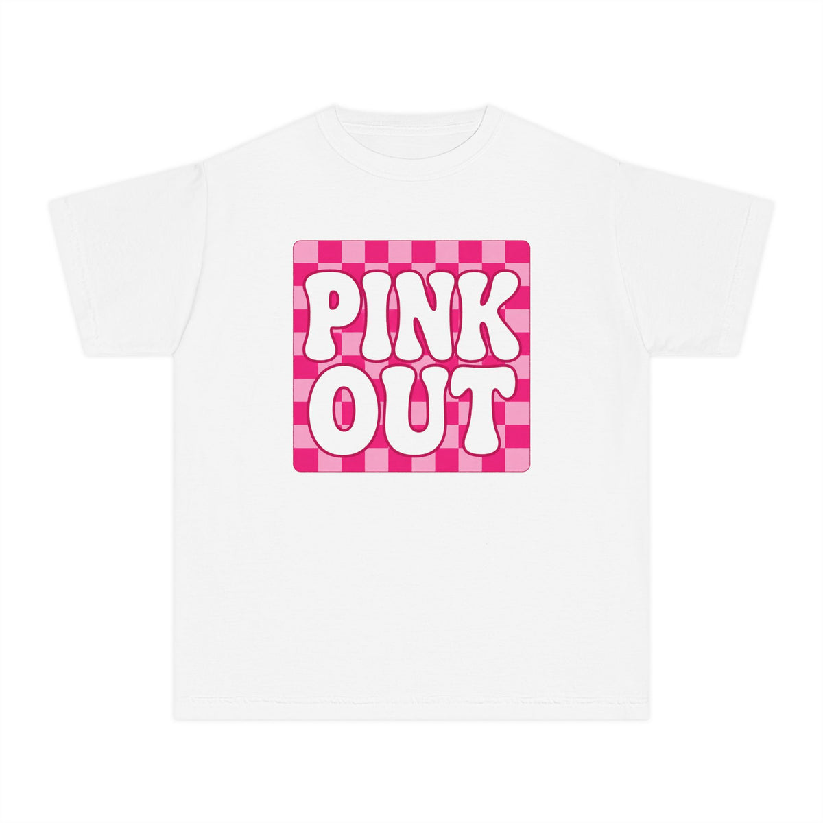 Youth Tee — "PINK OUT" Pink Check Graphic Tee for Kids (Breast Cancer Awareness, Pink Out Events)