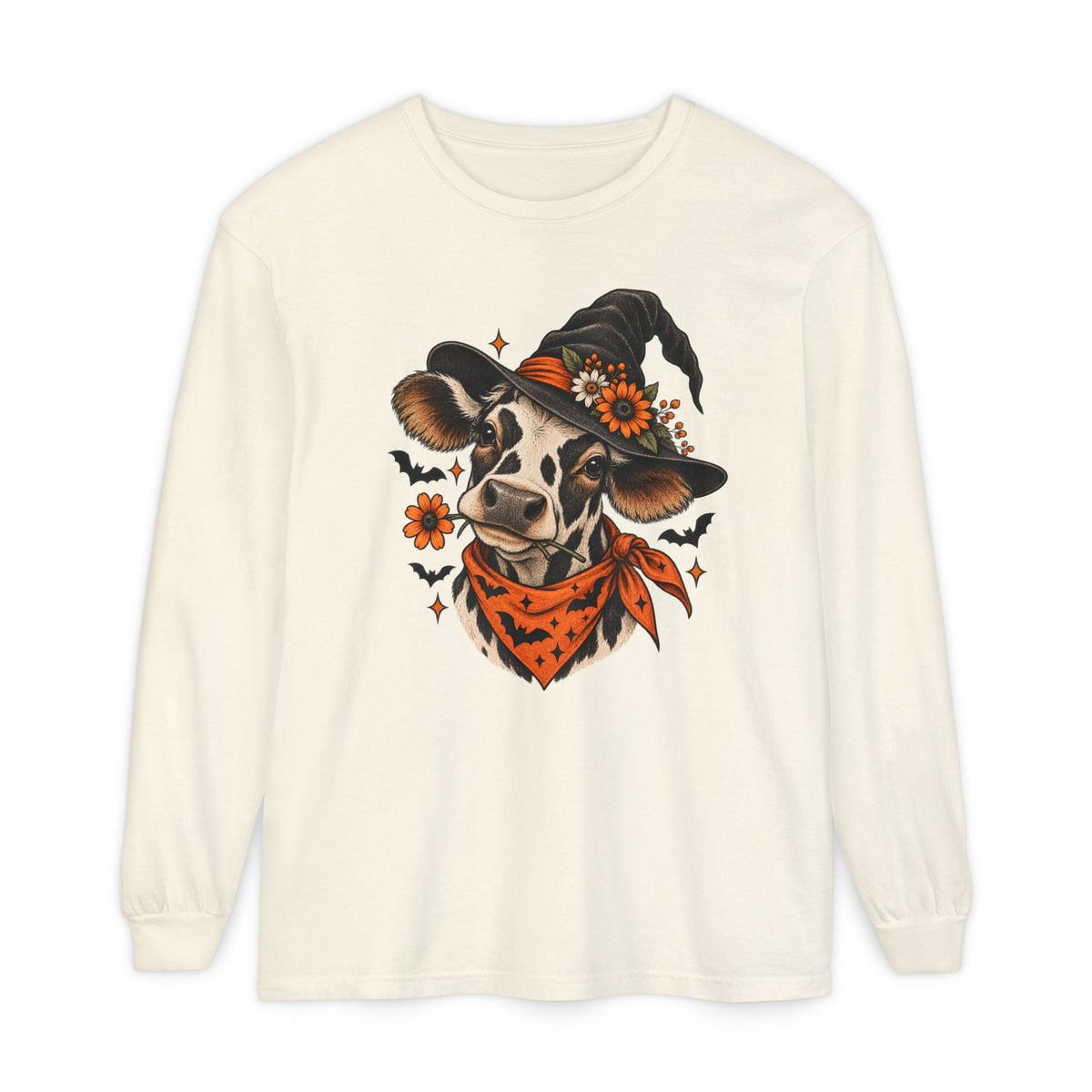 Halloween Witch Cow Long Sleeve Tee — Witchy Cow with Bats & Autumn Florals