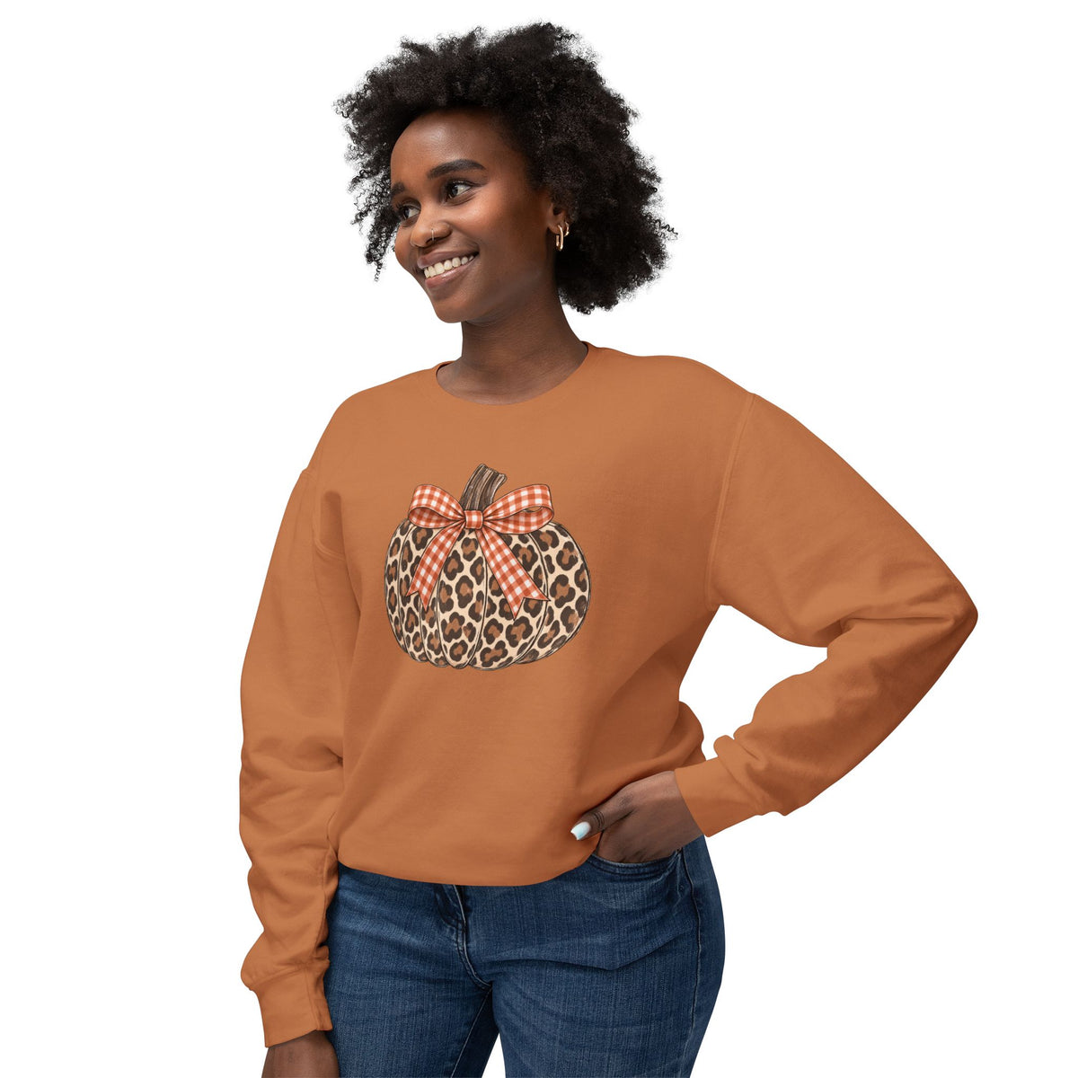 Leopard Pumpkin Crewneck Sweatshirt - Fall Plaid Bow Autumn Pullover