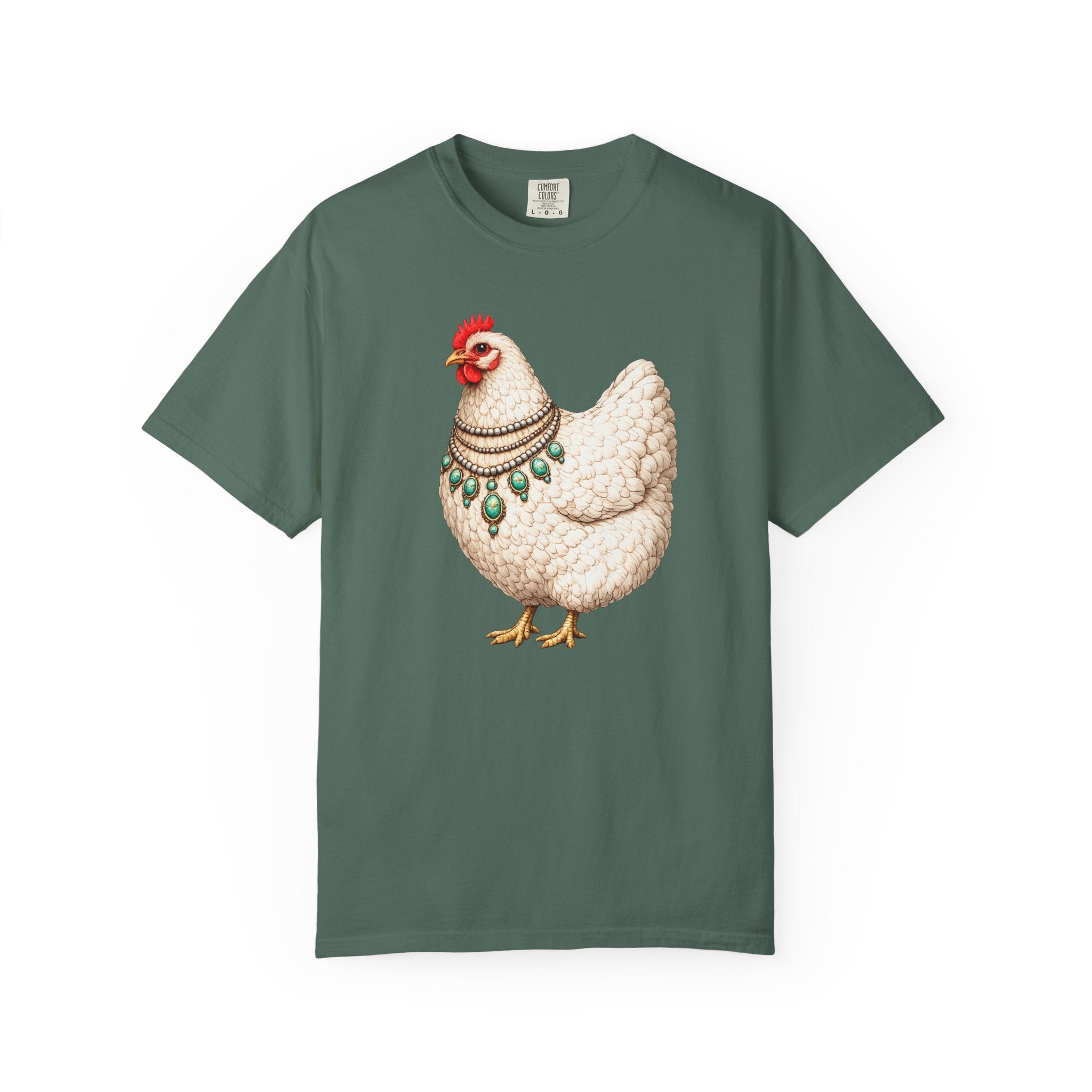 Chicken Illustration T-Shirt — Vintage Hen with Turquoise Necklace Tee