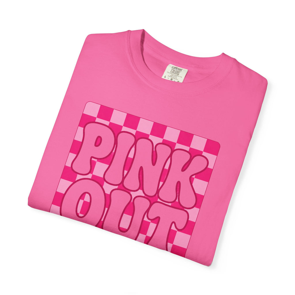 Pink Out Checkerboard T-Shirt — Retro Bubble Letter Graphic Tee