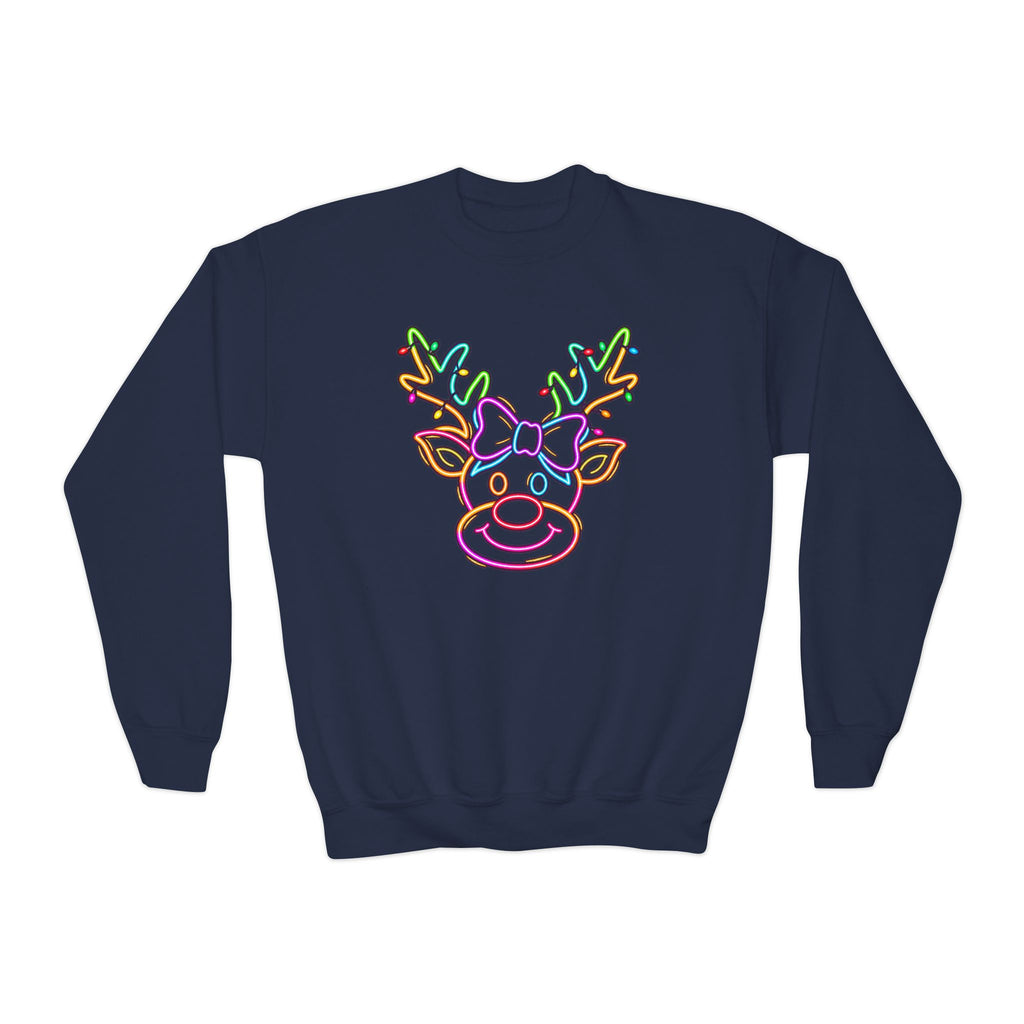 Youth Crewneck Sweatshirt with Neon Reindeer Christmas Design