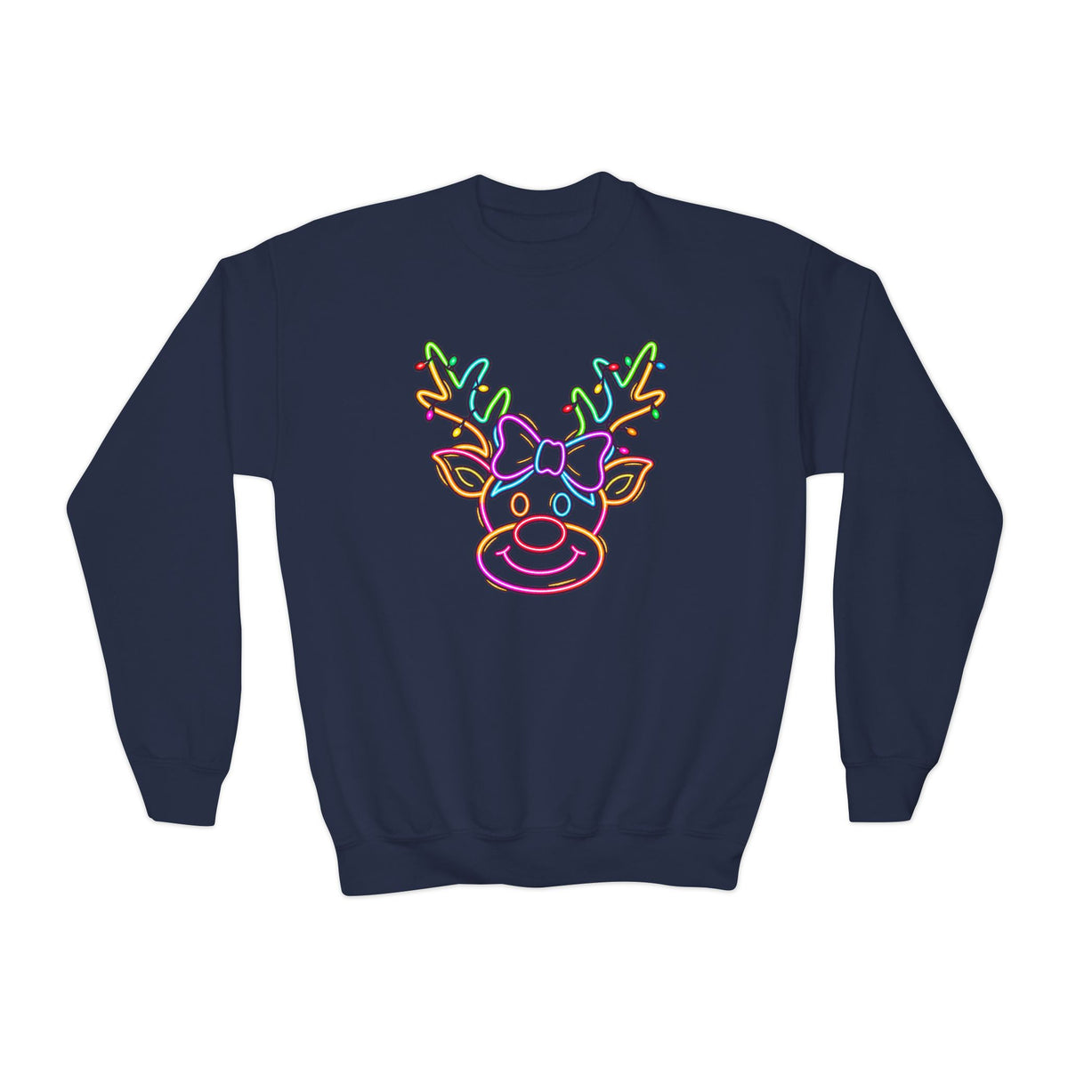 Youth Crewneck Sweatshirt with Neon Reindeer Christmas Design