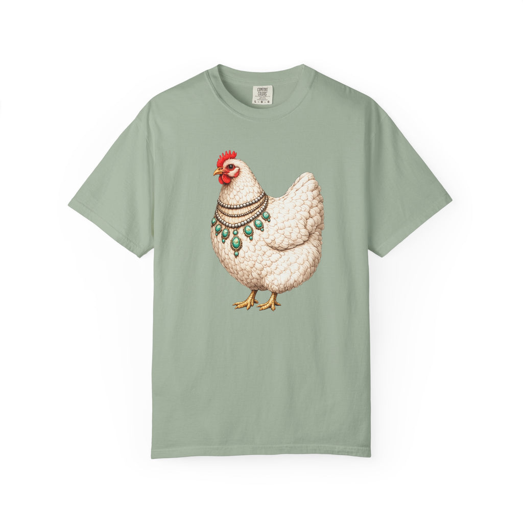 Chicken Illustration T-Shirt — Vintage Hen with Turquoise Necklace Tee