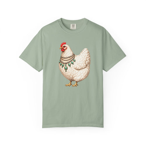 Chicken Illustration T-Shirt — Vintage Hen with Turquoise Necklace Tee