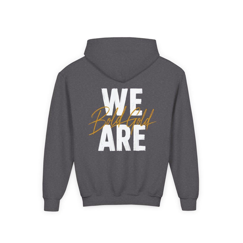 Youth Hoodie — “WE ARE” Bold Gold Script Team Pullover