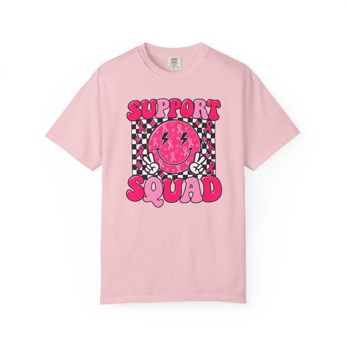 Support Squad T-Shirt — Pink Smiley Checkerboard Graphic Tee