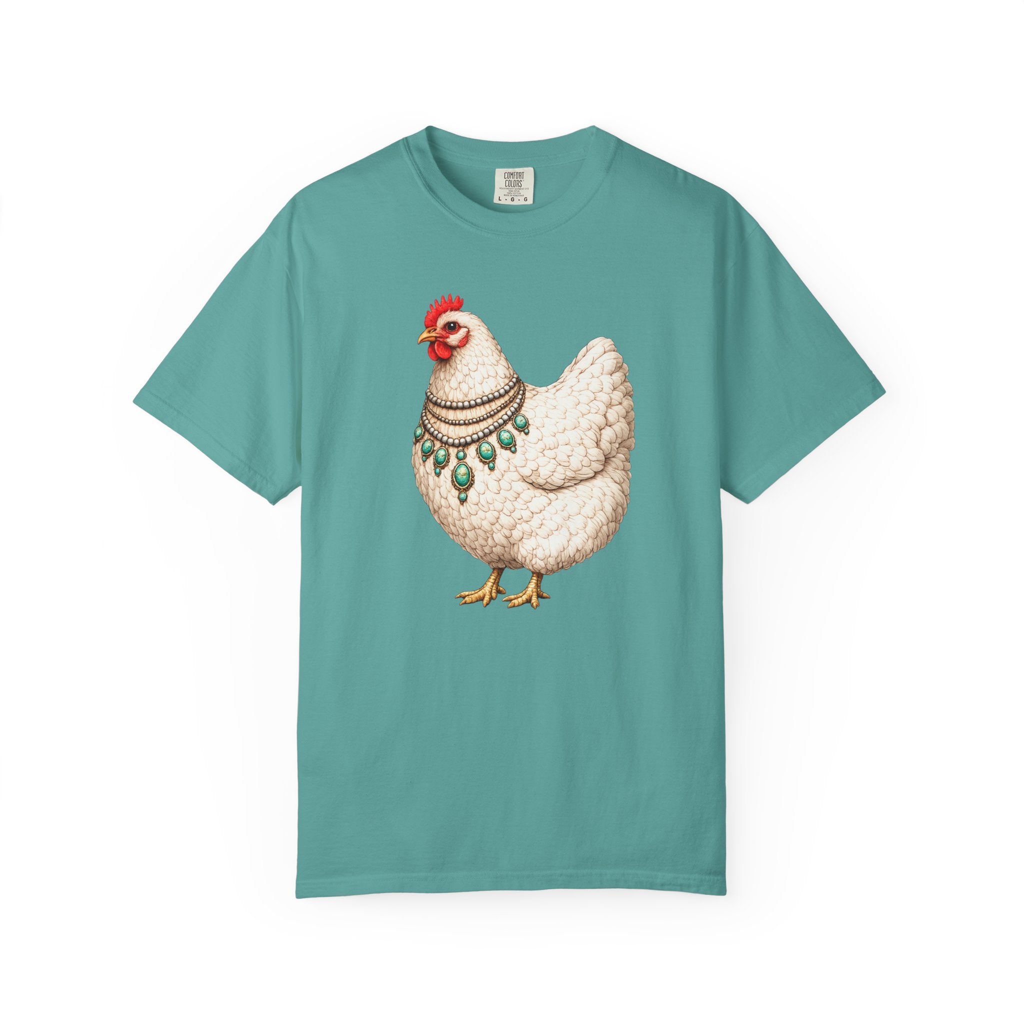 Chicken Illustration T-Shirt — Vintage Hen with Turquoise Necklace Tee