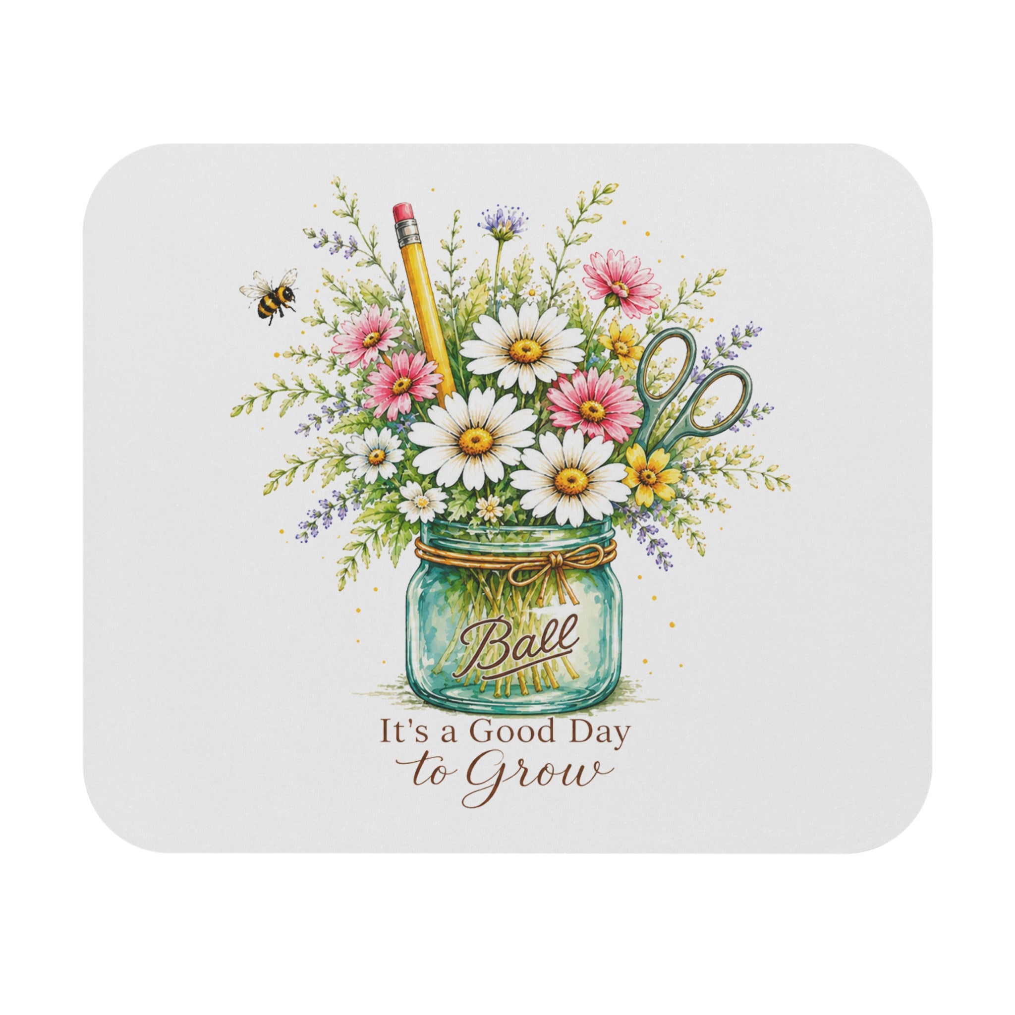 Mouse Pad — "It's a Good Day to Grow" Floral and School Supplies Mason Jar Bouquet | Teacher Desk