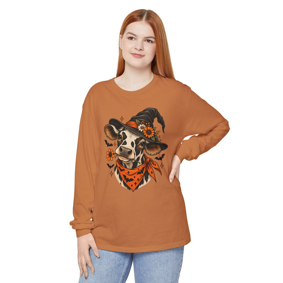 Halloween Witch Cow Long Sleeve Tee — Witchy Cow with Bats & Autumn Florals