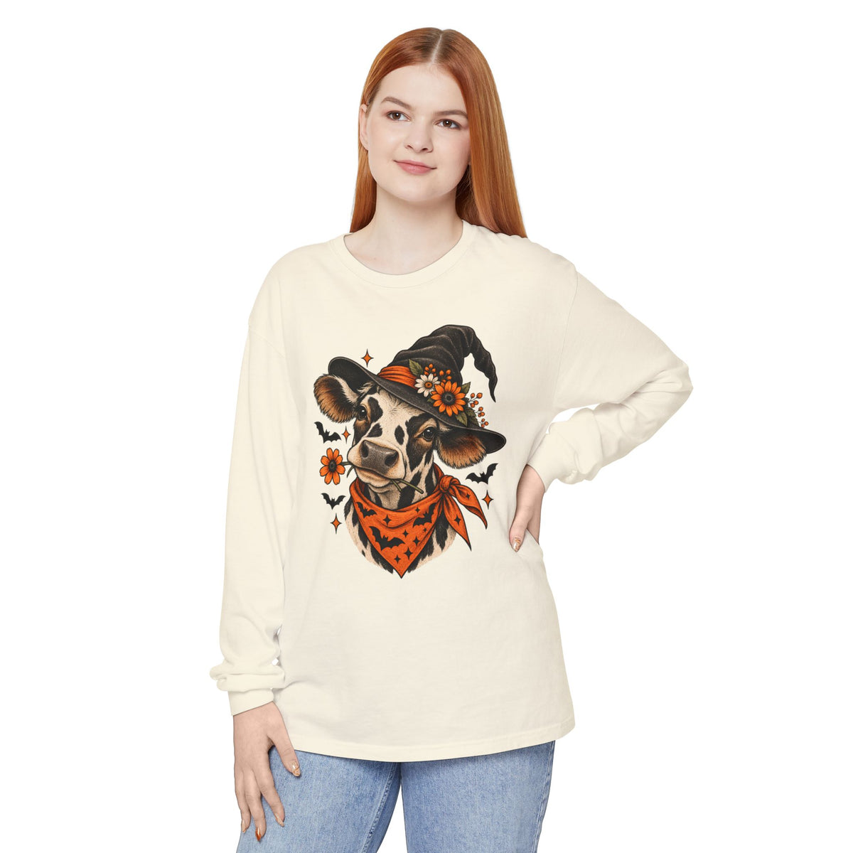 Halloween Witch Cow Long Sleeve Tee — Witchy Cow with Bats & Autumn Florals
