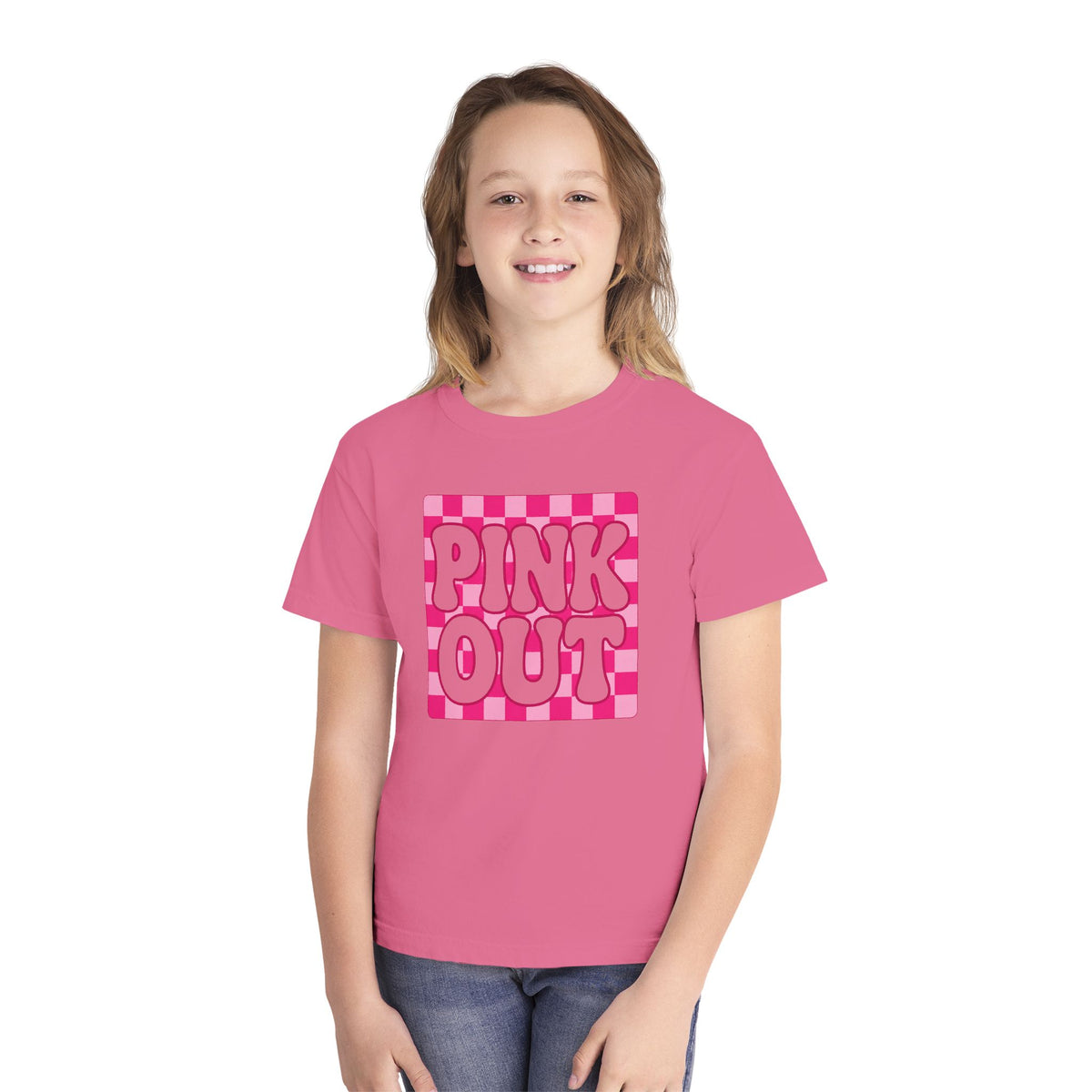 Youth Tee — "PINK OUT" Pink Check Graphic Tee for Kids (Breast Cancer Awareness, Pink Out Events)