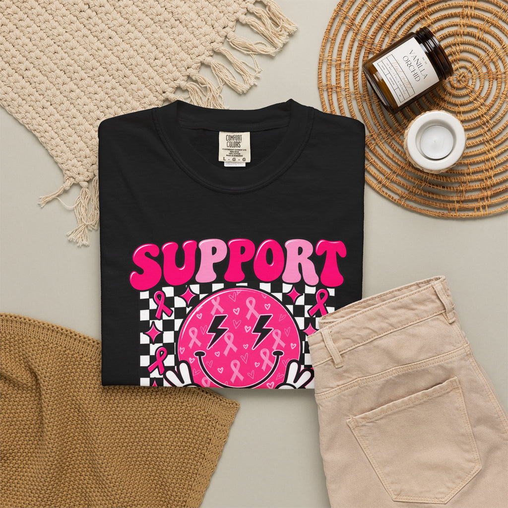 Support Squad T-Shirt — Pink Smiley Checkerboard Graphic Tee
