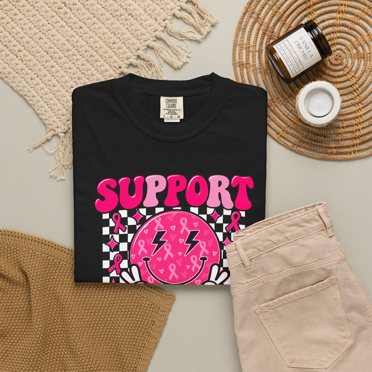 Support Squad T-Shirt — Pink Smiley Checkerboard Graphic Tee