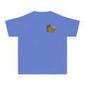 flo blue youth Caprock Critters coyote tee with front and back West Texas wildlife artwork.
