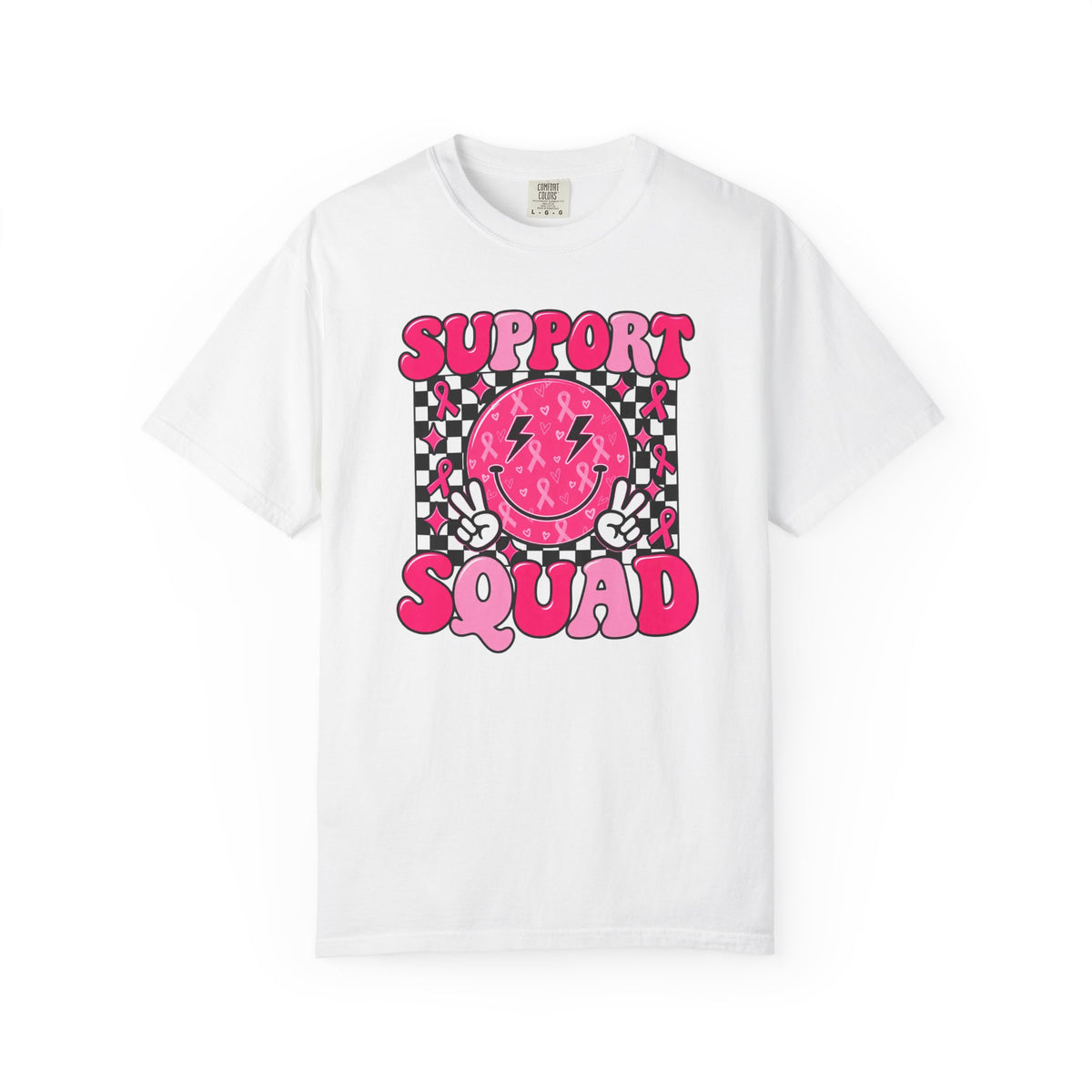 Support Squad T-Shirt — Pink Smiley Checkerboard Graphic Tee