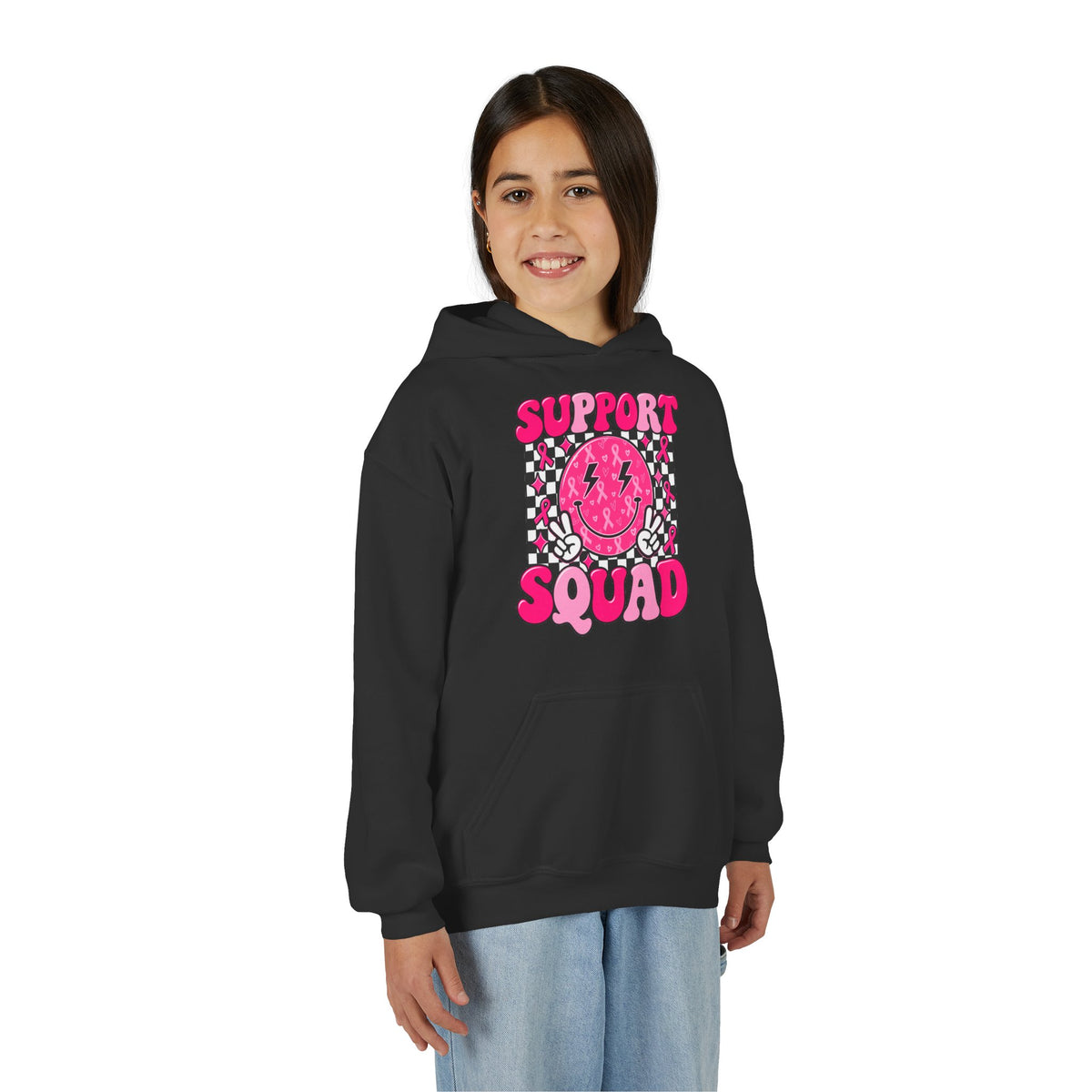 Support Squad Youth Hoodie — Pink Smiley Checkerboard Graphic