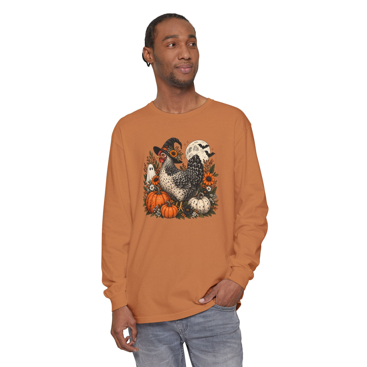 Halloween Chicken Tee — Witch Hat Chicken with Pumpkins & Ghosts Long Sleeve Shirt