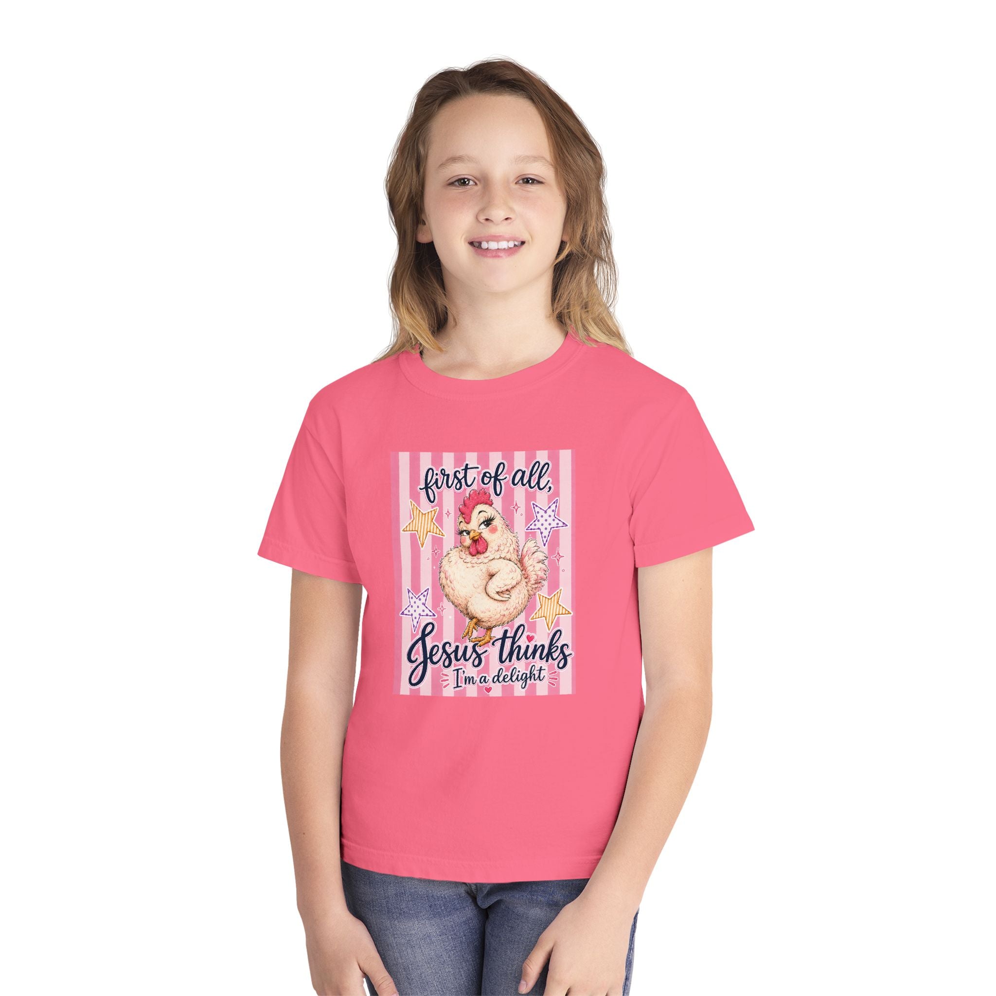 Youth Tee — "First of All, Jesus Thinks I’m a Delight" Cute Chick Christian Kids Shirt
