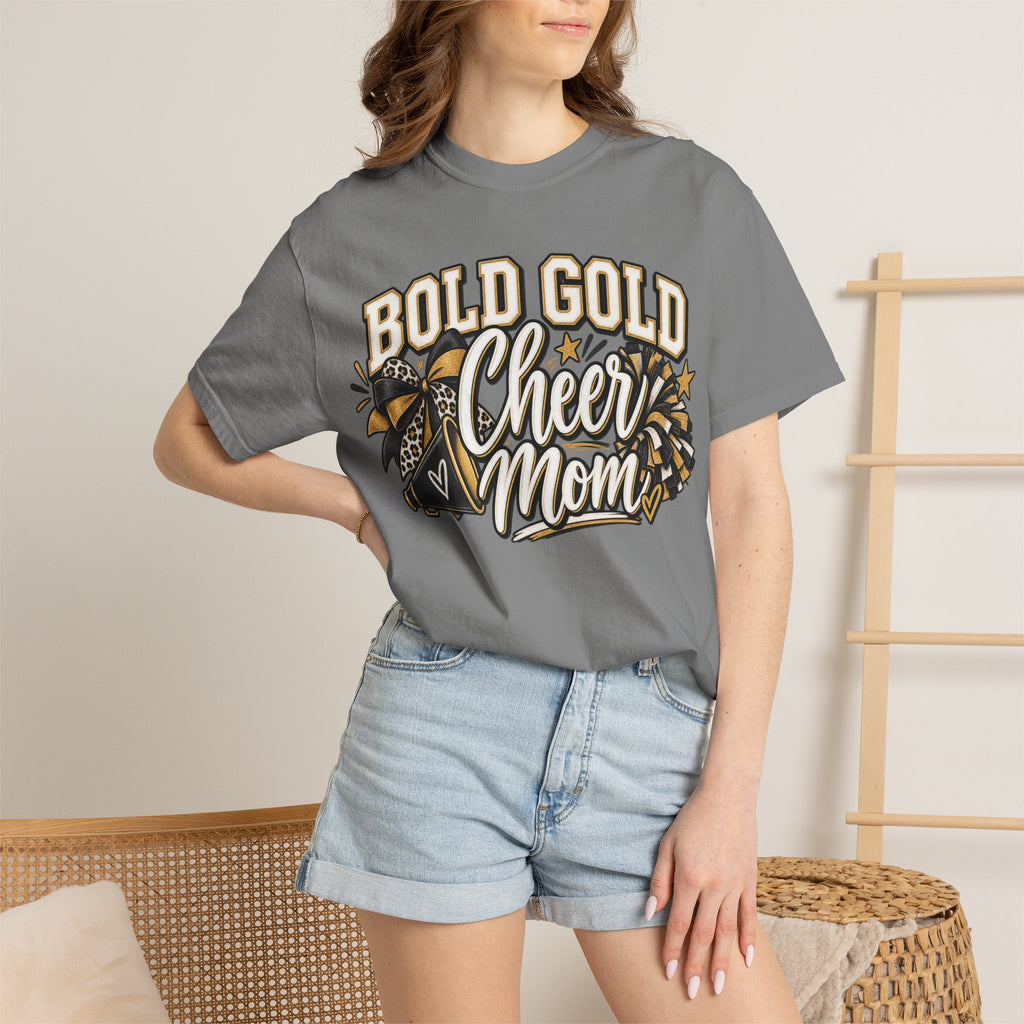 Bold Gold Cheer Mom T-Shirt – Pom Pom Cheerleader Mom Tee