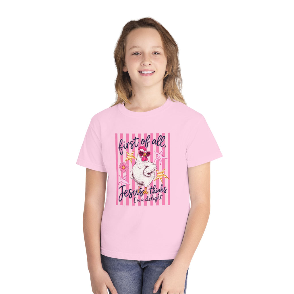 Youth Tee — “First of All Jesus Thinks I’m a Delight” Pink Chicken Graphic