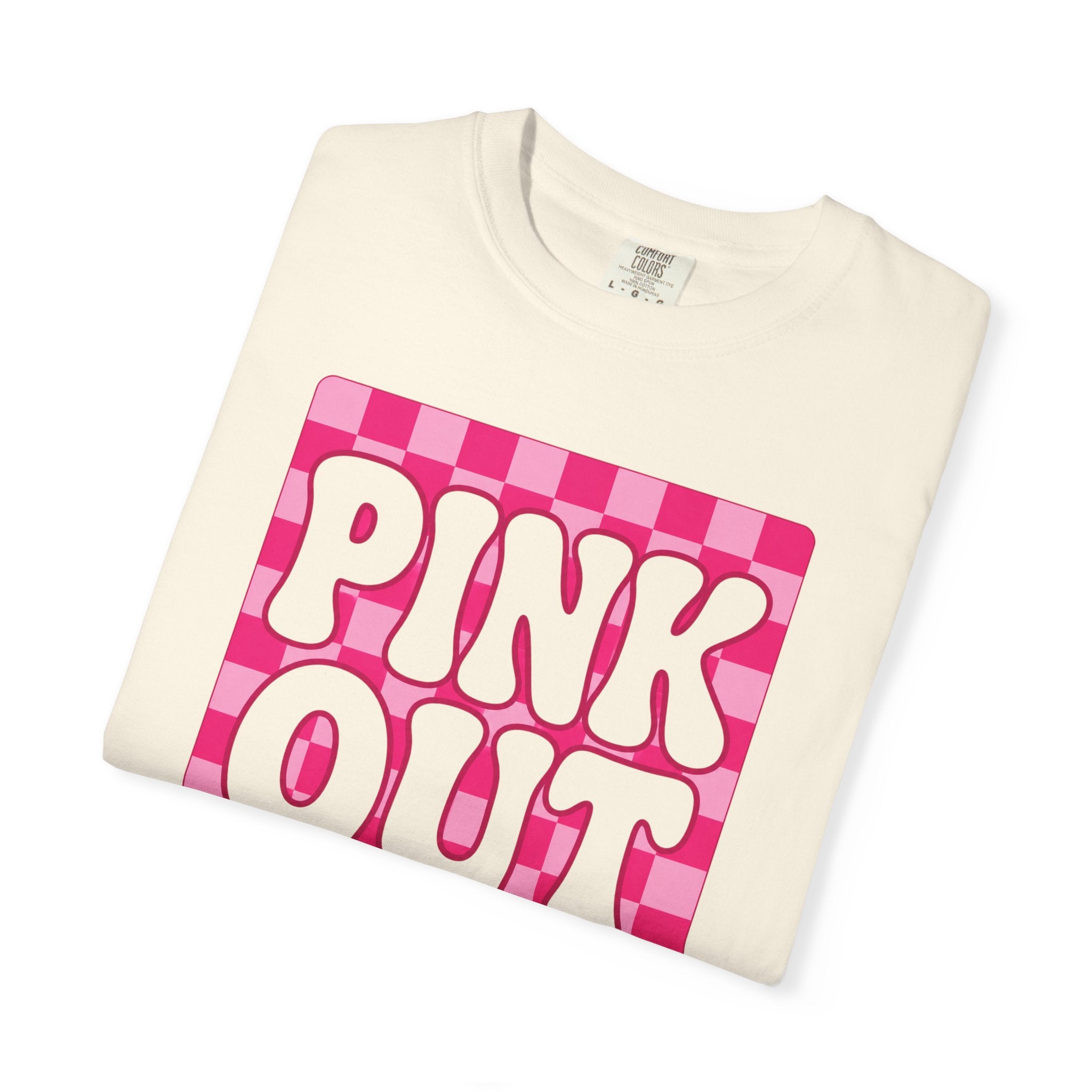 Pink Out Checkerboard T-Shirt — Retro Bubble Letter Graphic Tee