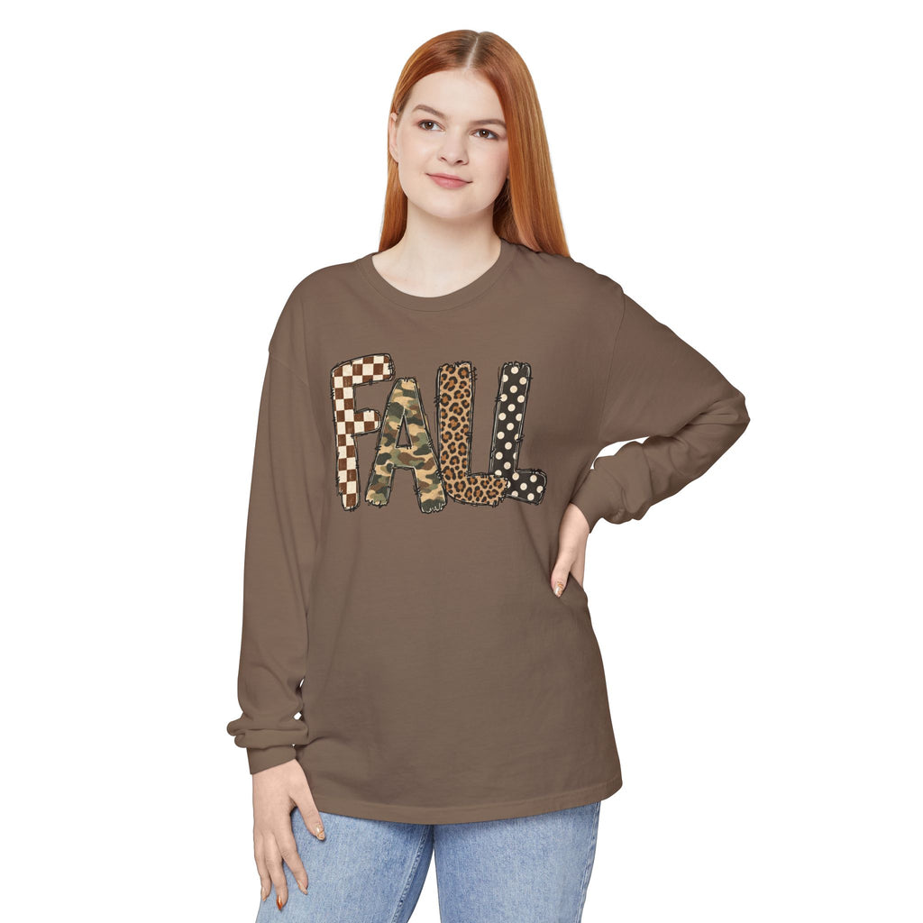 Fall Graphic Long Sleeve Tee — Leopard, Camo & Checkerboard Patch Letters