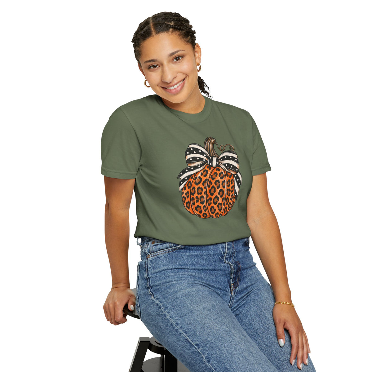 Leopard Pumpkin T-Shirt — Autumn Pumpkin Graphic Tee with Polka Dot Bow