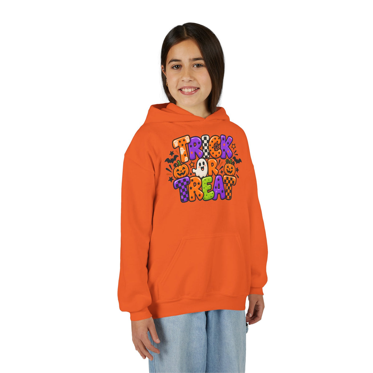 Youth Halloween Hoodie - "Trick or Treat" Colorful Pumpkin Design