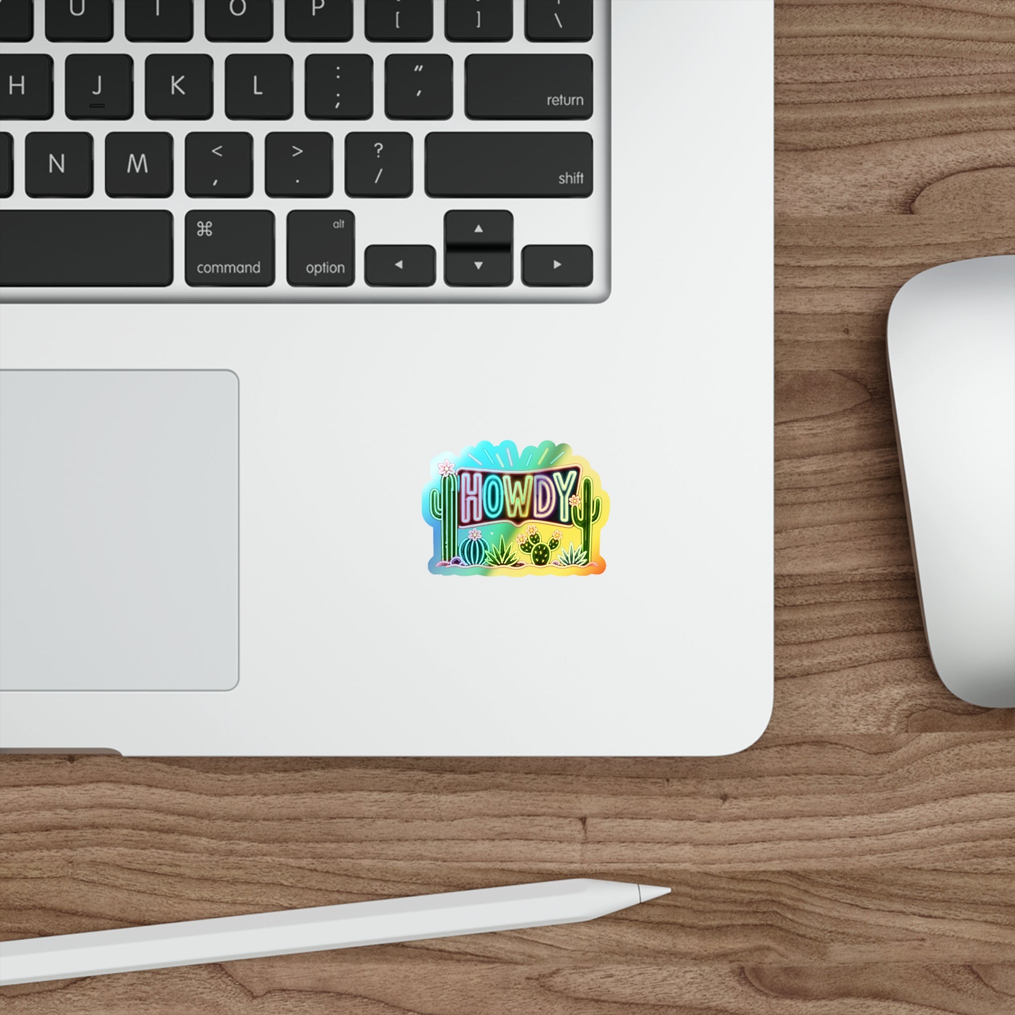 Holographic "Howdy" Die-Cut Sticker — Neon Cactus Hologram