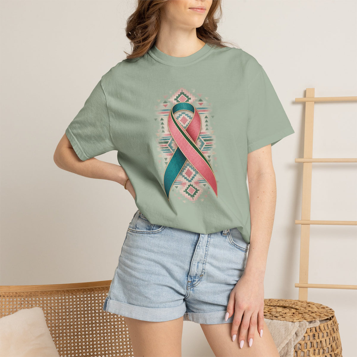 Metastatic Breast Cancer Awareness Ribbon Tee — Desert Aztec Teal & pink  Support Shirt